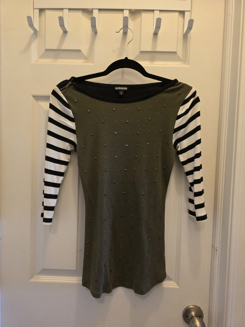 Express Olive Green Studded Top with Black & White Striped Sleeves
